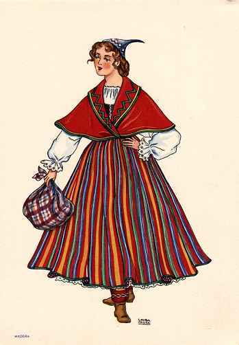 OLIVA - Saia de l� de riscas garridas. Colete vermelho decotado. Camisa de punhos bordados. Capa vermelha enfeitada com fitas de cores vivas.Carapu�a caracter�stica. Botas brancas ou castanhas. - Lit. Nacional - S/D - Dimens�es: 15x10,5 cm - Colec��o M. F. Silva