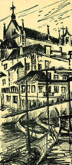 Moliceiros com Igreja da Misericórdia, Aveiro – 1963, lápis - Pág. 11