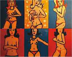 Ataque �s torres ou tetas, torres sem tortellini em homenagem a Martin Kippenberger - Attack on towers or "tits", towers without tortellini in homage to Martin Kippenberger | Acr�lico s/ tela c/ colagens - Acrylic on canvas with collages | 150x120 cm. 2005