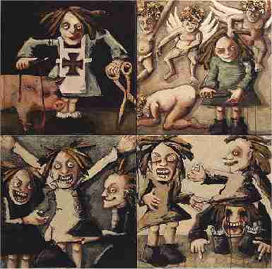 Psico Pata Portuguesa p�g. 1, 2, 3 e 4 - Portuguese Psycho Pat pages 1, 2, 3 & 4 | �leo s/ tela com aplica��o de folha de ouro - Oil on canvas with application of golden leaf | 100x100 cm. - 2006