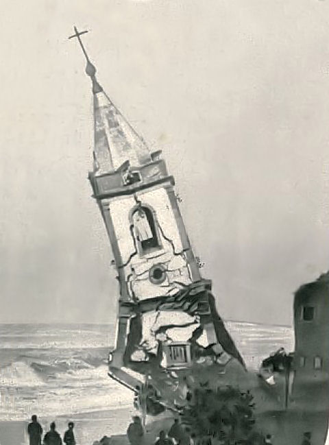 Igreja de Espinho a ser destruída pelo mar. Clicar para ampliar.