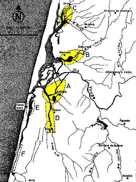 Representa��o esquem�tica da regi�o da Ria de Aveiro assinalando-se certas zonas onde se verifica uma deteriora��o crescente da qualidade da �gua.