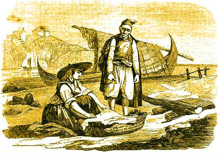 Casal de �lhavos numa costa com um lado rochoso, talvez Cascais ou Nazar�. Clicar na imagem para ampliar para 1024 pixels.