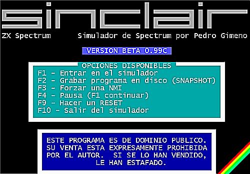 Aspecto da página inicial quando se abre o programa emulador de Spectrum.