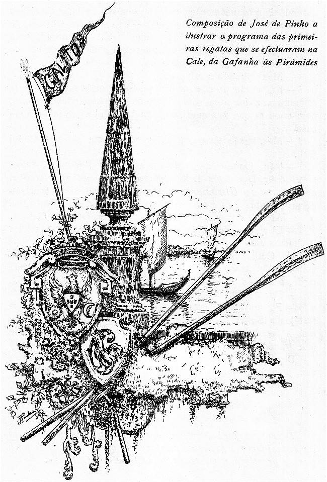 Composi��o de Jos� de Pinho a ilustrar o programa das primeiras regatas que se efectuaram na Cale, da Gafanha �s Pir�mides. P�g. 25