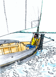 Camarada com as cordas que ligam o xarolo (X) ao leme, guia o moliceiro qu eleva as falcas (F) para não entrar água. Clicar para ampliar.