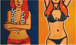 Referendo: bikini ou monpkini? - Referendum: bikini or monokini? | Acr�lico s/ tela c/ colagens - Acrylic on canvas with collages | 100x600 cm. 2006