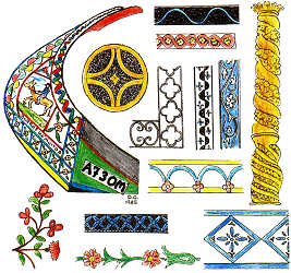Proa do moliceiro e ornamentos de templos e iluminuras dos s�cs. III e XVII. Clicar para ampliar.